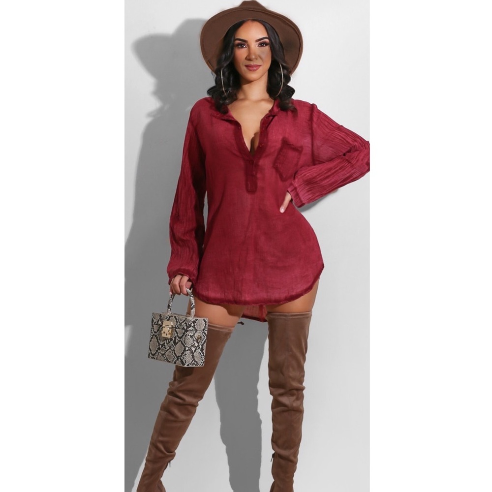 . Touch Dolls Burgundy Long Sleeve Libson Pocket Shirt Dress